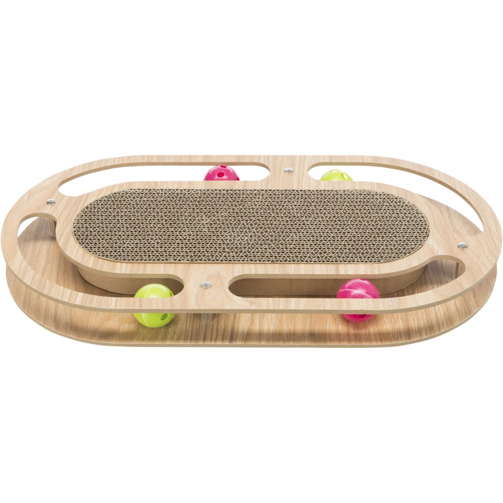 Kratzpappe mit Spielzeug, Katzenminze, Holz