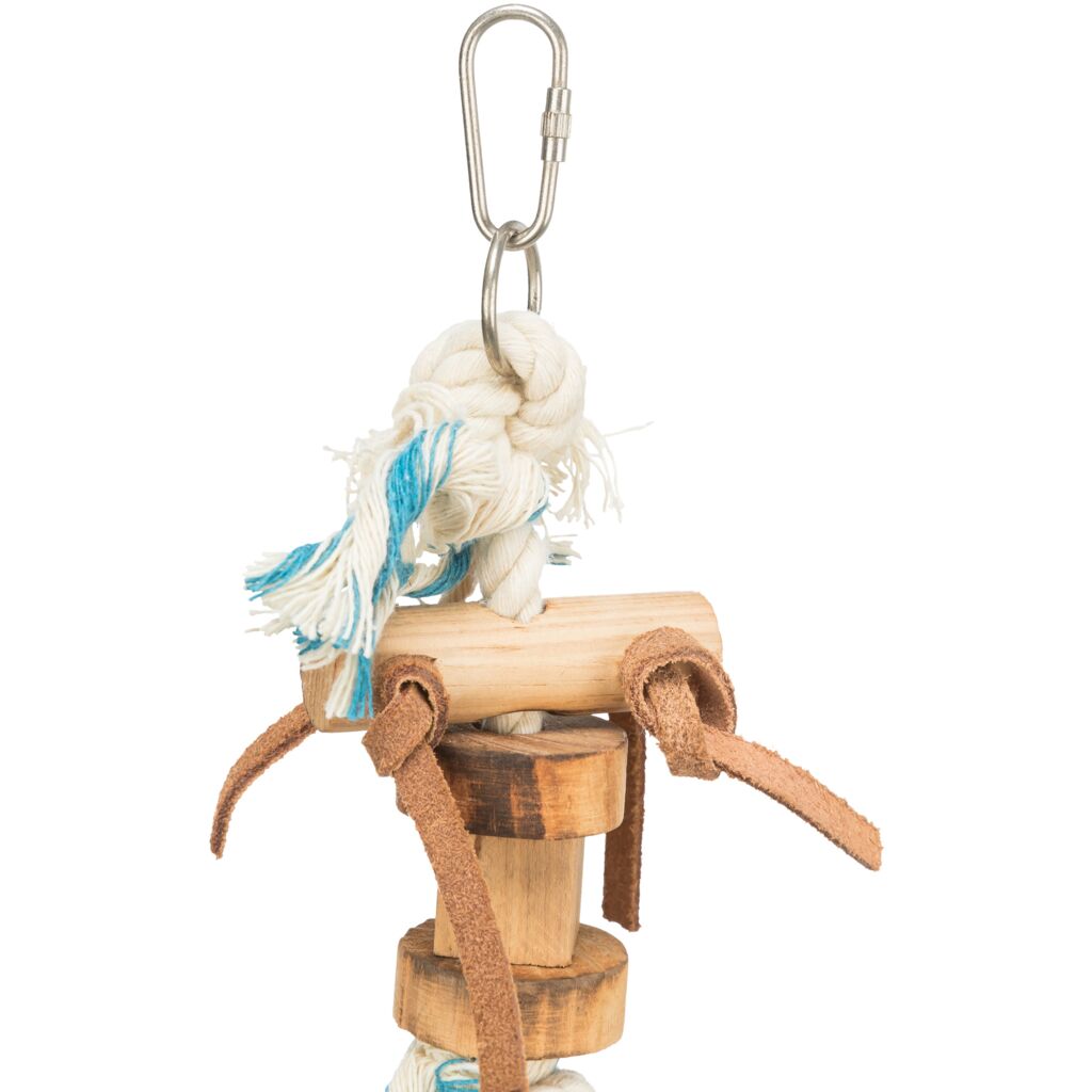 Spielzeug mit Tau und Lederbändchen, Holz, bunt