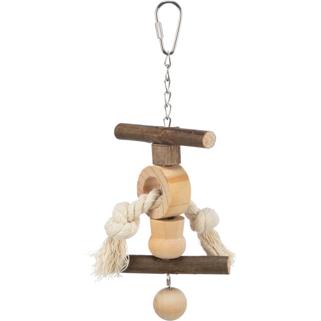 Spielzeug mit Kette, Tau und Holzkugel, Rindenholz