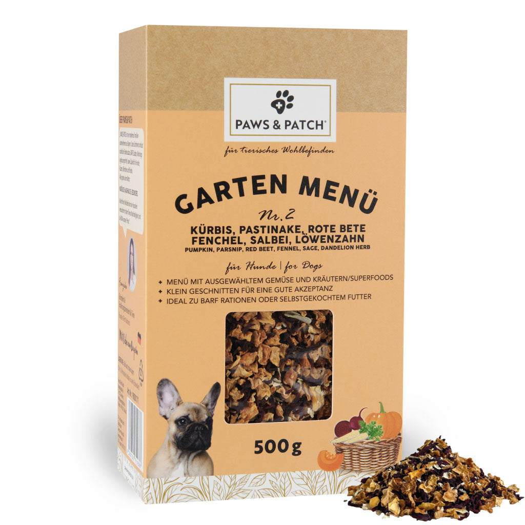 Paws & Patch GARTEN MENÜ Nr. 2 – Kürbis, Pastinake, Rote Bete, Fenchel, Salbei, Löwenzahn